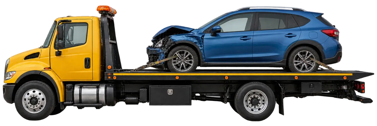 Accident-damaged car on a yellow flatbed