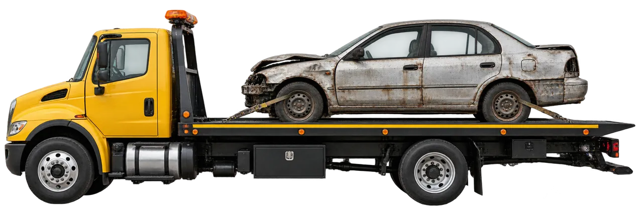 Scrap car on a yellow flatbed tow truck